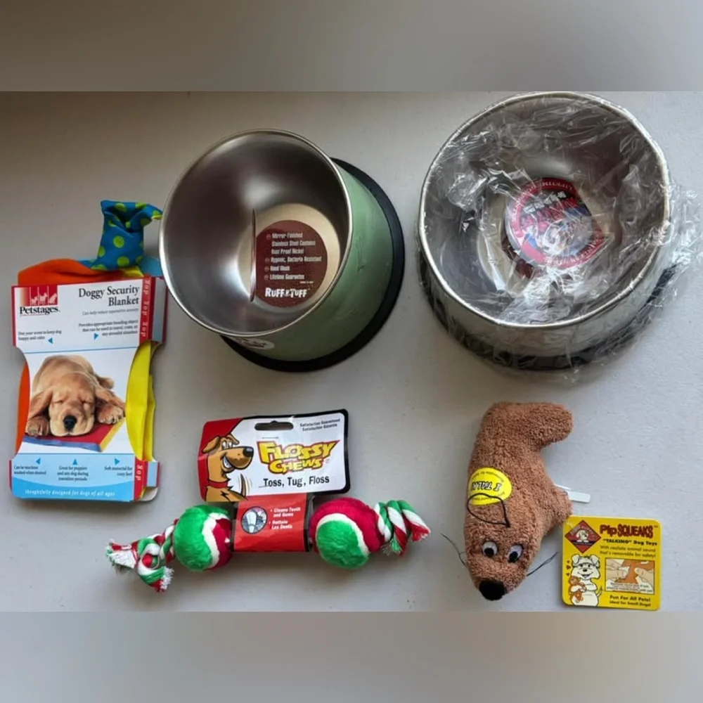 Dog Bundle - Two 24oz Stainless Steel Dog Bowls and Assorted Dog Toys